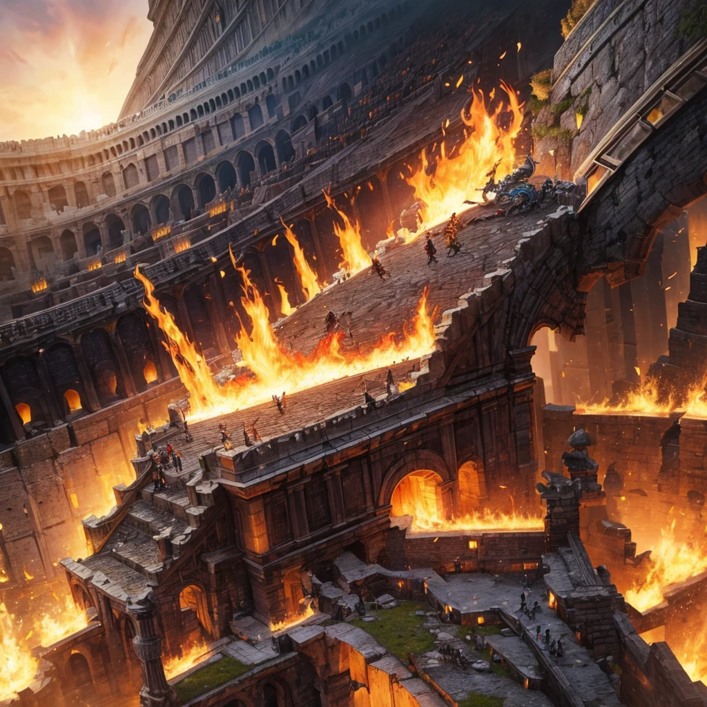 2 summoners are fighting in a large colloseum with 1 monster each, one Summoner uses a dragon that is half the height of the Colosseum while the other Summoner uses a fire lion that is a quarter of the height of the colloseum with fangasy anime style and an epic viewpoint where the difference between the lion and the dragon is quite big