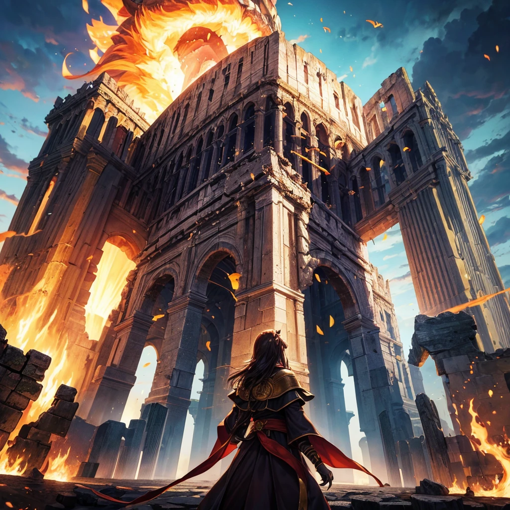 2 summoners are fighting in a large colloseum with 1 monster each, one Summoner uses a dragon that is half the height of the Colosseum while the other Summoner uses a fire lion that is a quarter of the height of the colloseum with fangasy anime style and an epic viewpoint where the difference between the lion and the dragon is quite big