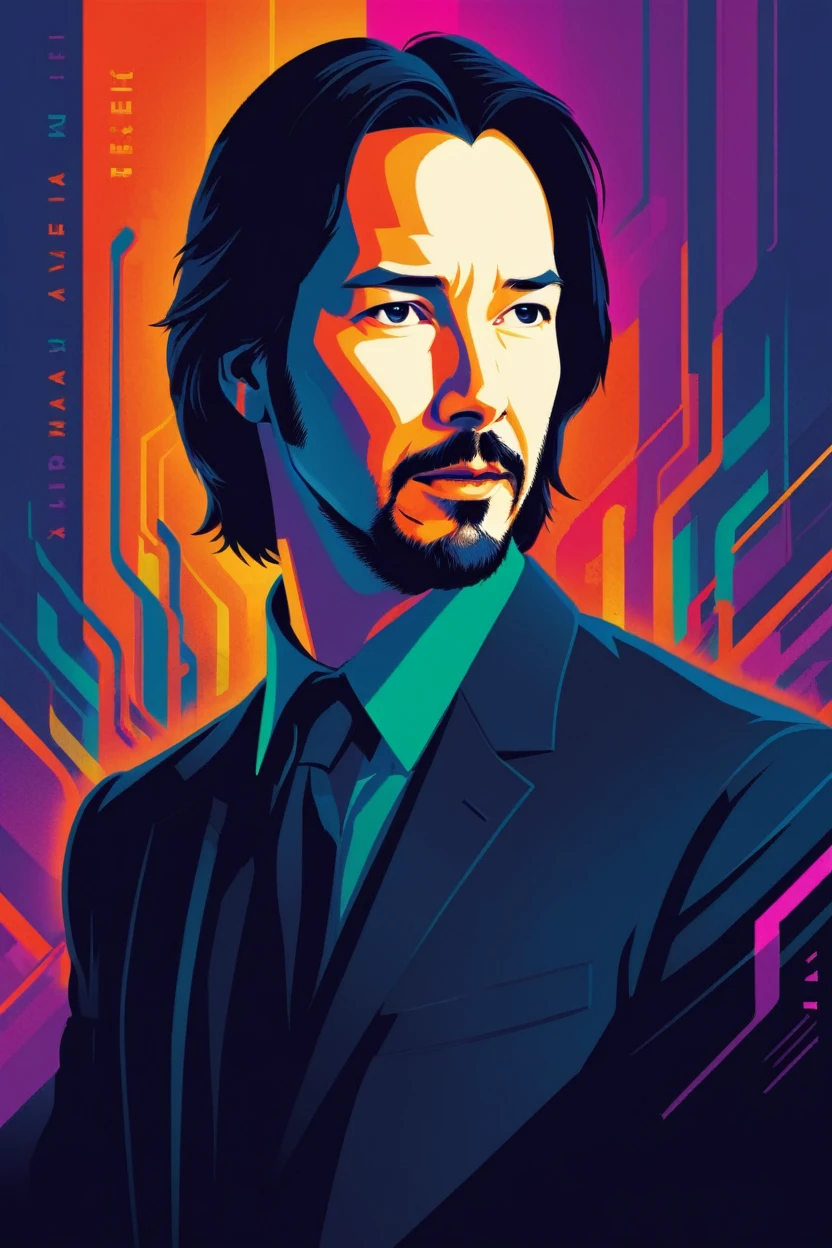 matrix keanu reeves (Tio Nerd ) . digital artwork by Tom Whalen, bold lines, Vibrant, saturated colors 