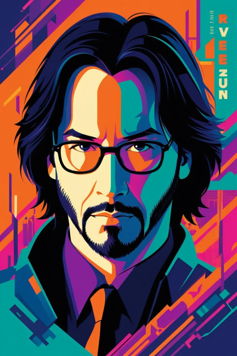 matrix keanu reeves (Tio Nerd ) . digital artwork by Tom Whalen, bold lines, Vibrant, saturated colors 