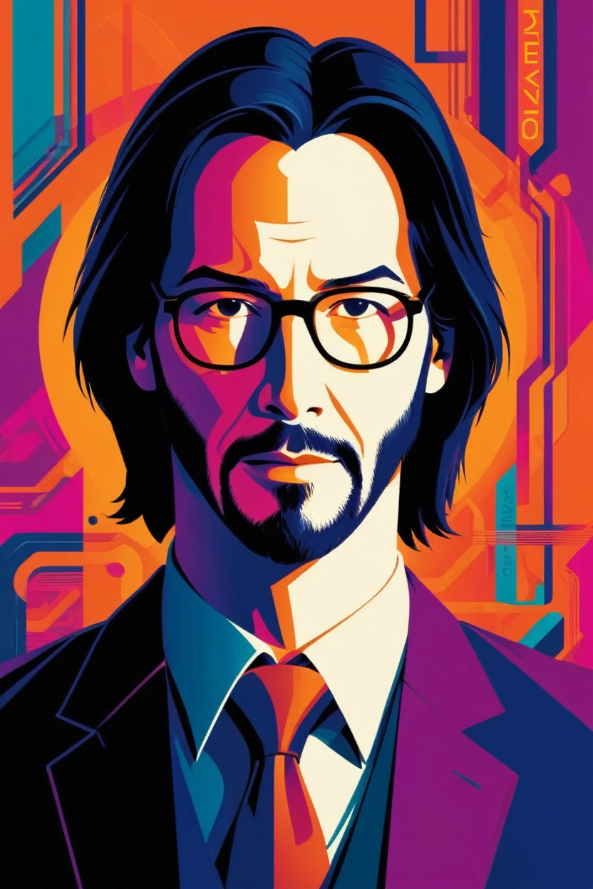 matrix keanu reeves (Tio Nerd ) . digital artwork by Tom Whalen, bold lines, Vibrant, saturated colors 