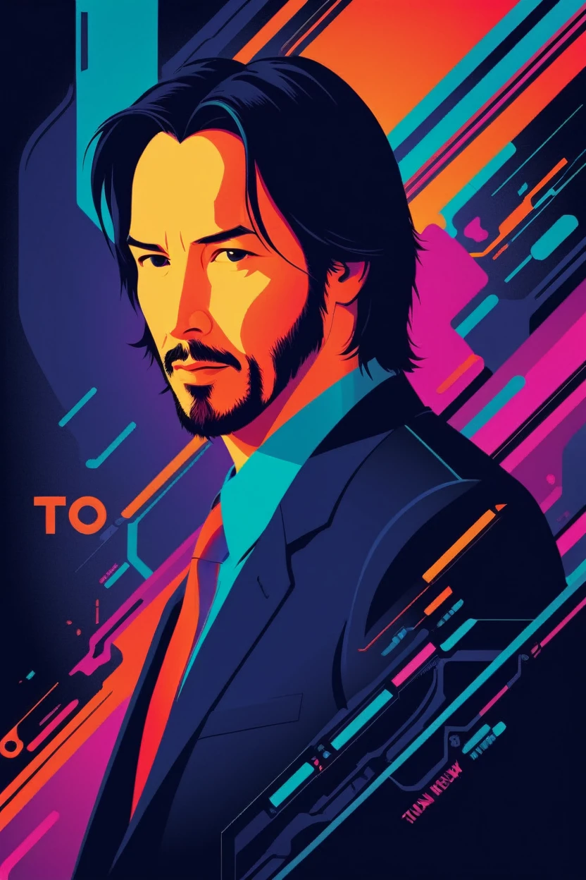 matrix keanu reeves (Tio Nerd ) . digital artwork by Tom Whalen, bold lines, Vibrant, saturated colors 