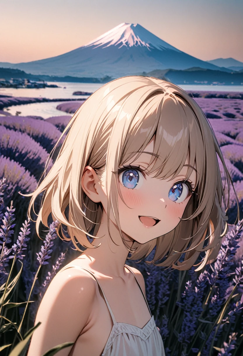 1 girl, 18yo, (flat chest: 1.5), blue eyes, light brown hair, bob cut, summer outfit, smile, open mouth, Lavender fields, big Lake, Mt. Fuji, upper body, bule sky, 8k, RAW photo, best quality, masterpiece, extremely detailed 8k wallpaper, ultra-detailed, best shadow, detailed background, beautiful detailed face, beautiful detailed eyes, nice hands, perfect hands
