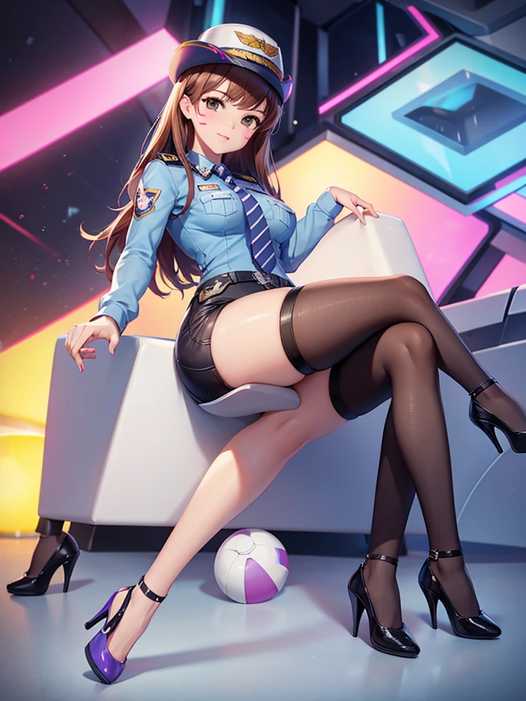 officer dva, solo girl, medium breast, wide hips, thighs, full body, high heels, sitting, open legs