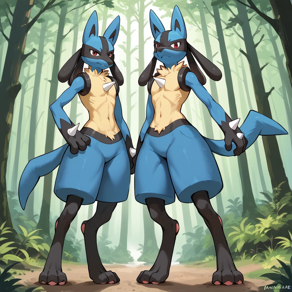 anime style, masterpiece, lucario_(pokemon), looking at viewer, standing in forest,