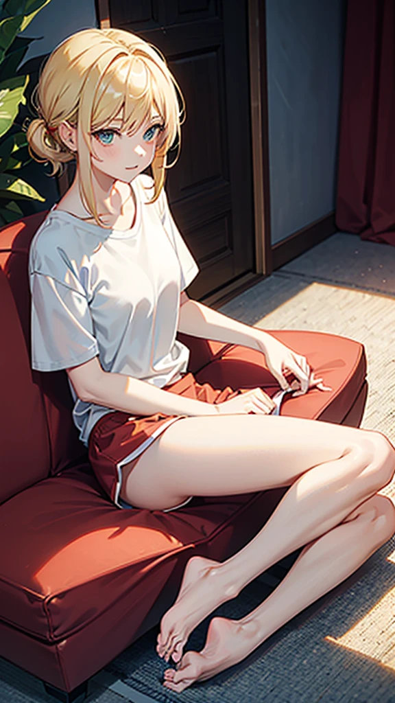 blonder woman, white t-shirt showing the breasts, showing red panties, flip flop.. This is not a home sofa, sitting... Small and round nose, greeneyes, about 29 years old, showing feet, she is happy, baggy sleeping shorts showing the ass