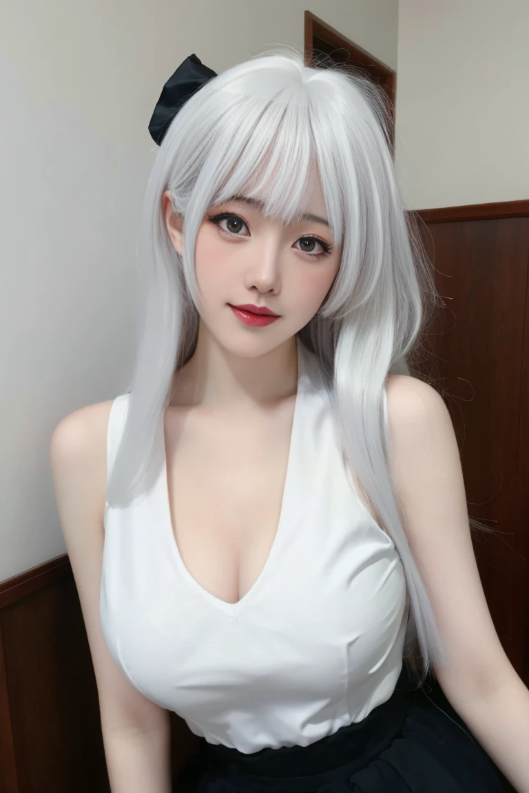 best quality, tmasterpiece,Ultra-high resolution,Clear face,(Reality:1.4),ferpect lighting,(upper body), (photorealistic:1.50), anime wallpaper, Guviz style artwork, cover-up fantasy up to magic , by Yang J, Guviz, beautiful artwork illustration, beautiful digital artwork, beautiful digital illustration, Li Song, beautiful anime portrait, art style in Beauvot, 1girl, 独奏, long hair, hair ribbon, (white hair:1.5), bangs, purple eyes, double eyelids, blush, Red cheeks, Sleeveless uniform, School uniforms, Short skirt, (medium breast:1.5), shagging breasts, Cleavage, indoor, room, standing,