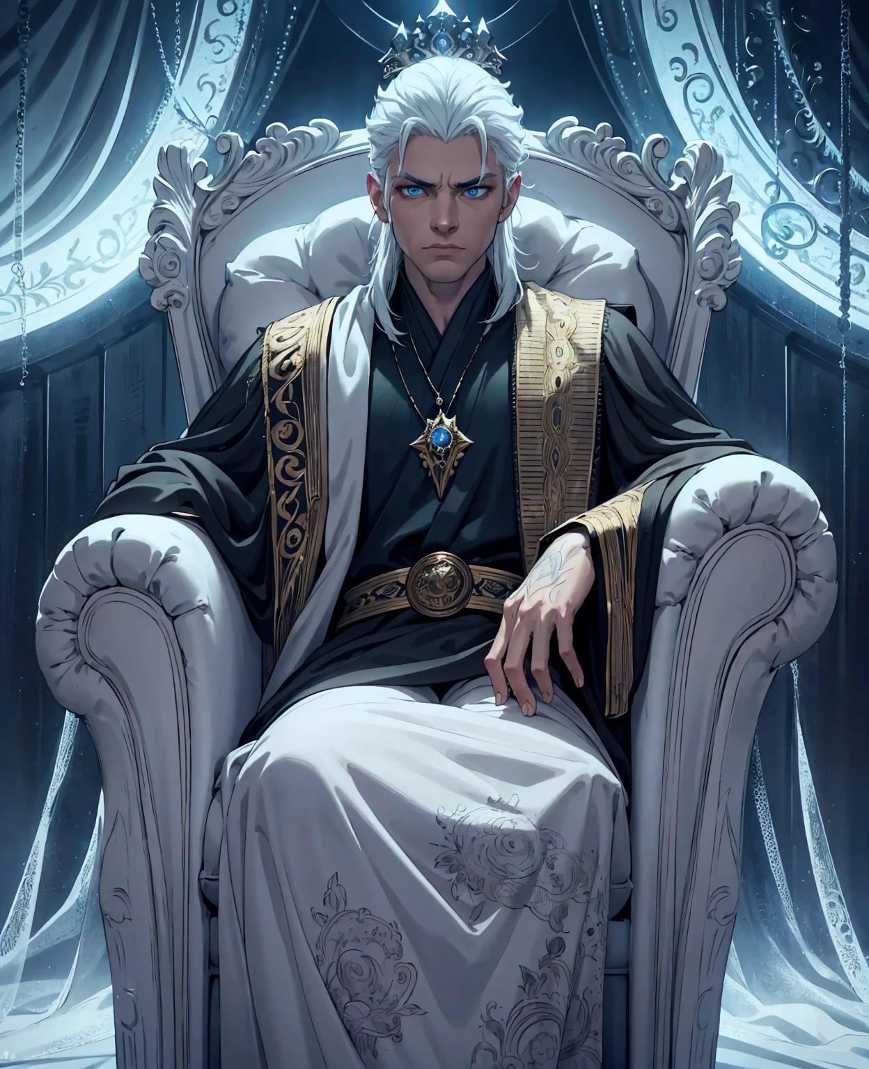 a young man with white hair sitting on a throne, expressive and serious look, beautiful detailed blue eyes, photorealistic, cinematic lighting, intricate details, black robe, dark atmosphere, high quality, 8k, ultra-detailed, realistic, physically-based rendering, vivid colors, dramatic lighting, epic, fantasy, conceptual art