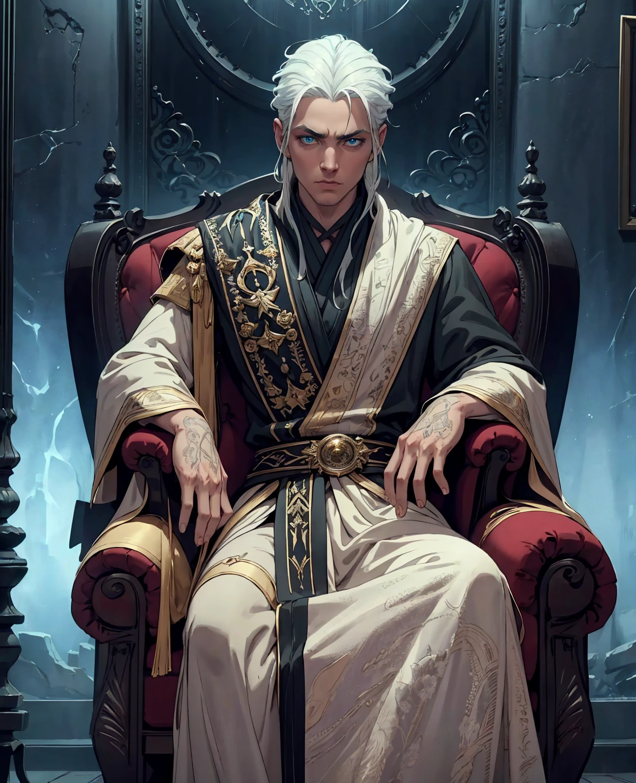 a young man with white hair sitting on a throne, expressive and serious look, beautiful detailed blue eyes, photorealistic, cinematic lighting, intricate details, black robe, dark atmosphere, high quality, 8k, ultra-detailed, realistic, physically-based rendering, vivid colors, dramatic lighting, epic, fantasy, conceptual art