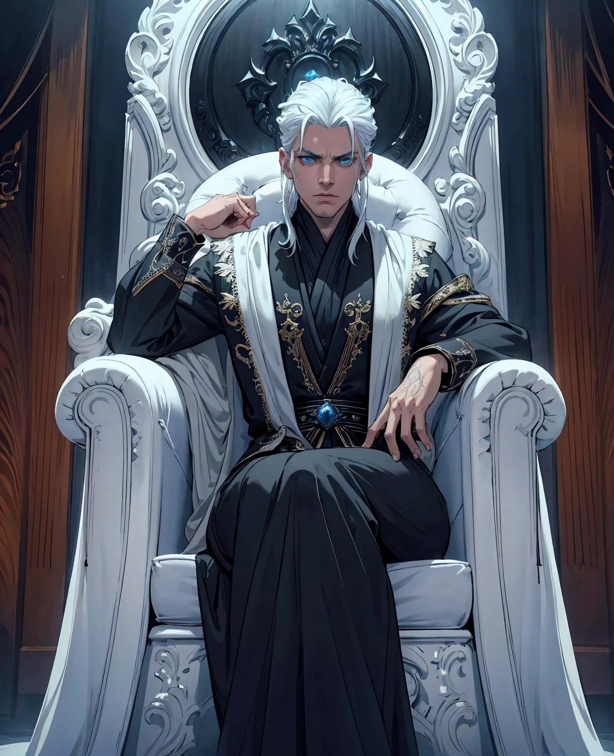 a young man with white hair sitting on a throne, expressive and serious look, beautiful detailed blue eyes, photorealistic, cinematic lighting, intricate details, black robe, dark atmosphere, high quality, 8k, ultra-detailed, realistic, physically-based rendering, vivid colors, dramatic lighting, epic, fantasy, conceptual art