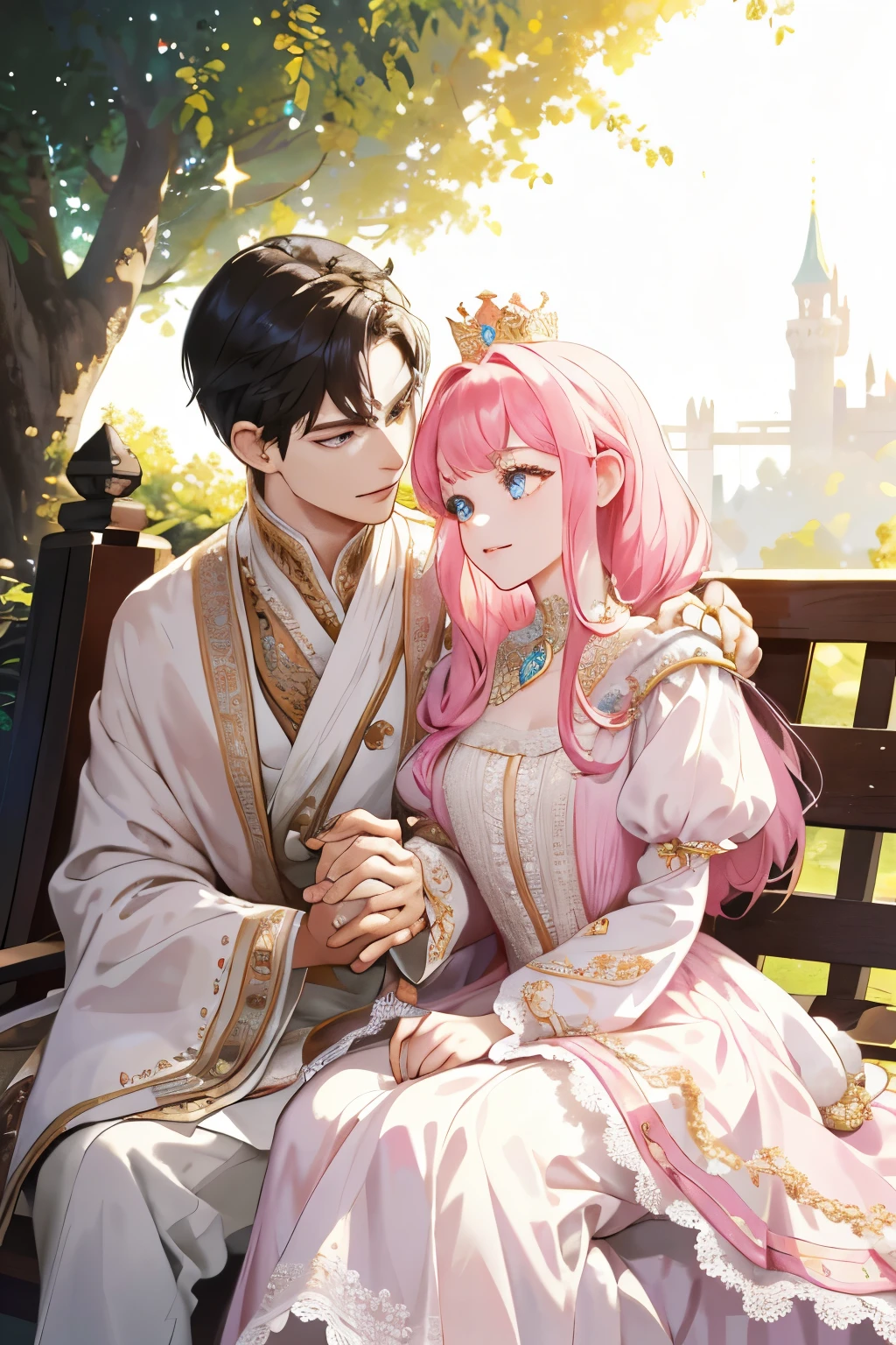 (ultra-detailed, animated features, expressive eyes, radiant skin:1.2), royal attire, opulent palace backdrop, (magical:1.4), elegant pose, holding hands, playsful expression, wearing a crown, royal robe adorned with jewels, the rabbit is also well-detailed, with fluffy fur, large drooping ears, and sparkling eyes, both characters are set against a lavish background filled with intricate details.
(medium resolution:1.2), princess, white dress, lace detailing, pink waistband, carrying a basket, rabbit by her side, sitting on a park bench, under a tree, with blo