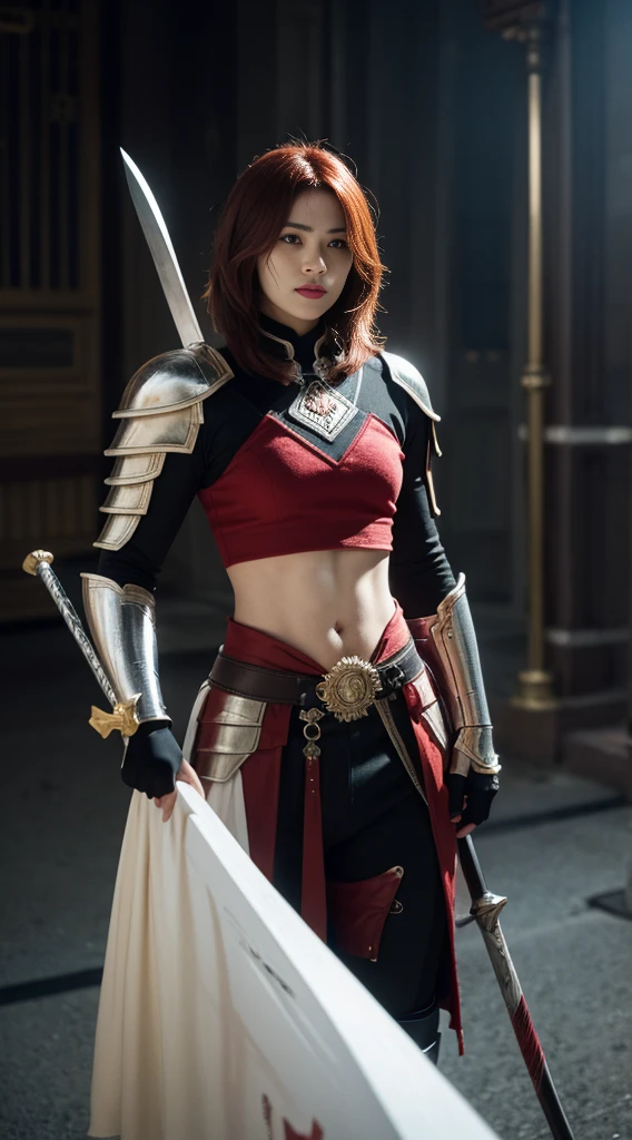 8k, best quality, highres, realistic, real person, A solitary warrior in a suspicious arena setting, without the red demon lord. The warrior, lightly armored and with a sly smile, wields a large, ornately decorated axe. They have short red hair. The background is a mysterious and ominous arena, with a sense of danger and suspense. The lighting is dim and dramatic, enhancing the warrior's intense and cunning appearance.