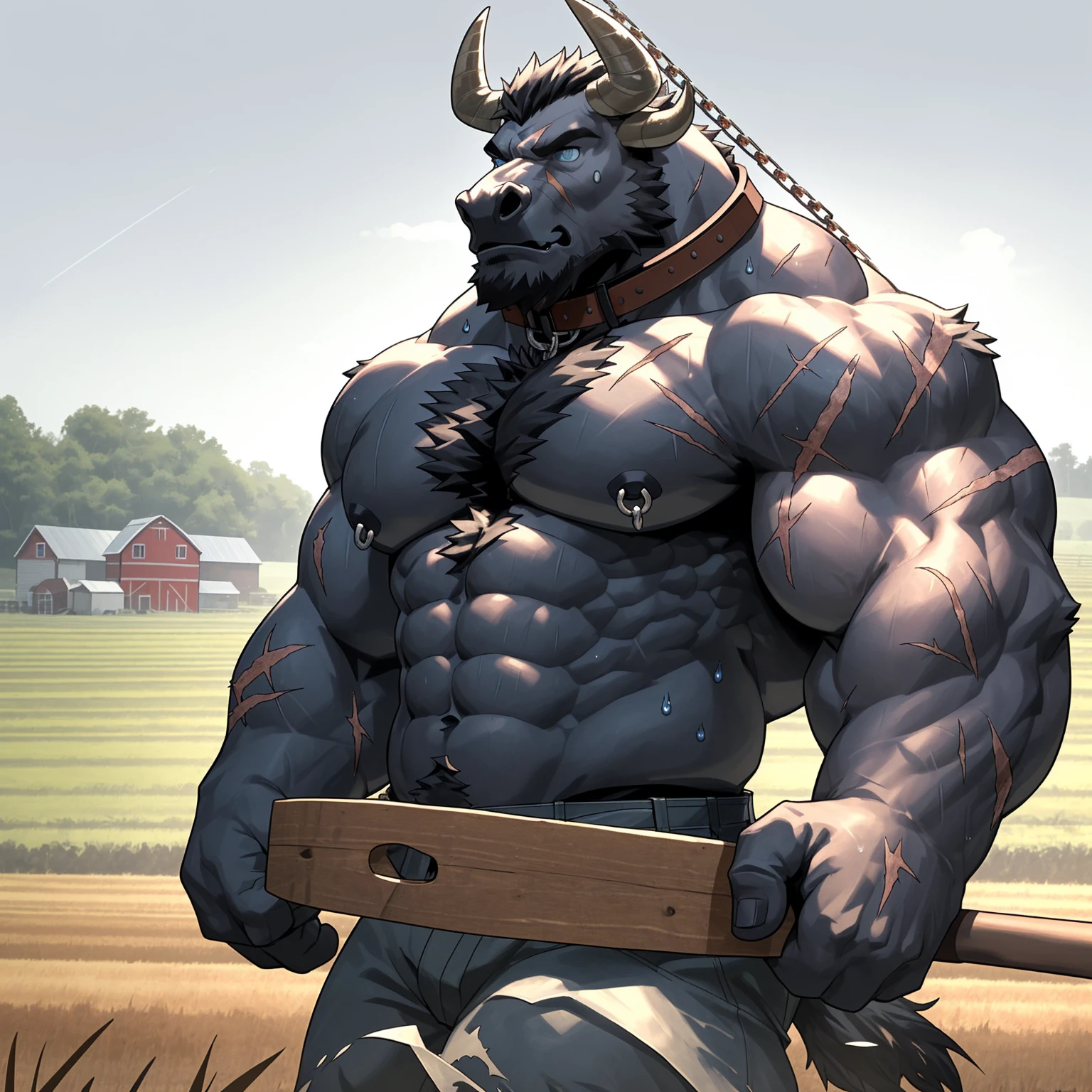 Sweating, muscular, Shirtless, Plowing the fields with farm tools during the day, Anthropomorphic chest hair, Serious expression（scars in the face） Mature （blue eyes）Huge muscular torn abs wild wearing nipple rings and collars prisoners collar linked to chains lock ambitious black bull