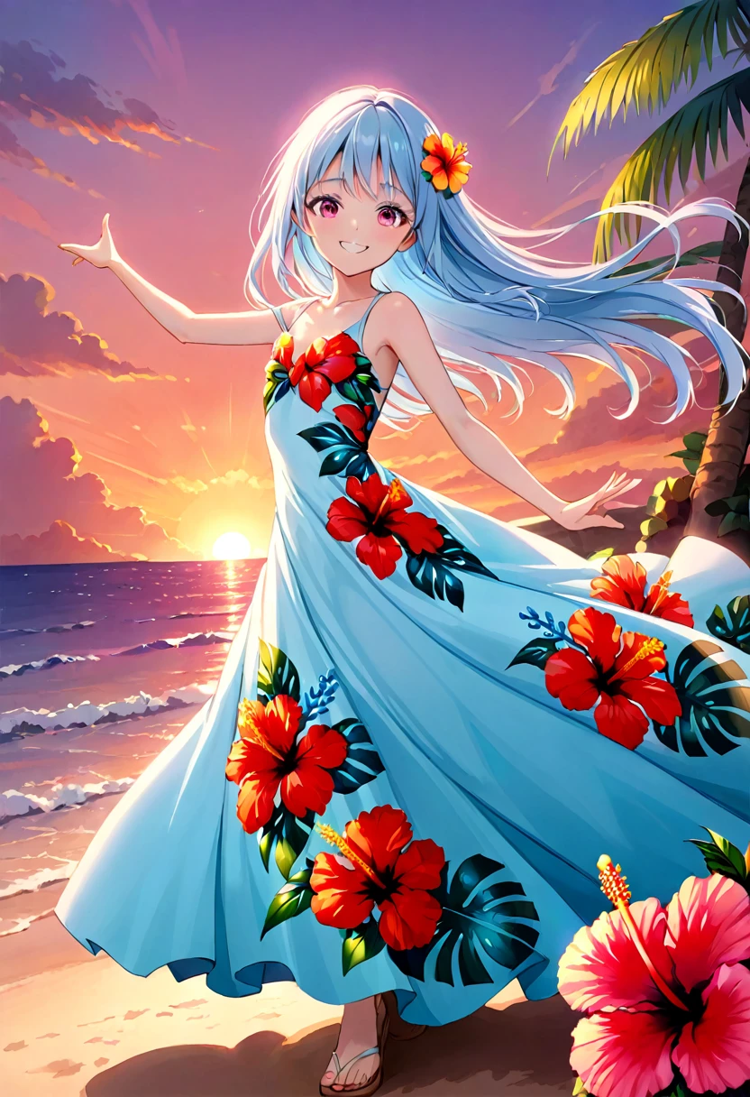 masterpiece, best quality, extremely detailed, (illustration, official art:1.1), 1 girl ,(((( light blue long hair)))), ,(((( light blue long hair)))),light blue hair, , long hair ((blush)) , cute face, big eyes, masterpiece, best quality,(((((a very delicate and beautiful girl))))),Amazing,beautiful detailed eyes,blunt bangs((((little delicate girl)))),(((tareme))),droopy eyes.(true beautiful:1.2), sense of depth,dynamic angle,,,, affectionate smile, (true beautiful:1.2),,(tiny 1girl model:1.2),)(flat chest), masterpiece, best quality, high quality, extremely detailed, very delicate and beautiful, ,, bangs to eyebrows, eyes (eyes sharp and strong with glossy glossy eyes, eyebrows glossy, (eye color magenta:1.3), 6.5 head height, (long dress with hibiscus print:1.3), (standing), (smiling), (dynamic pose), (background tropical and hibiscus:1.3), (sunset:1.3)
