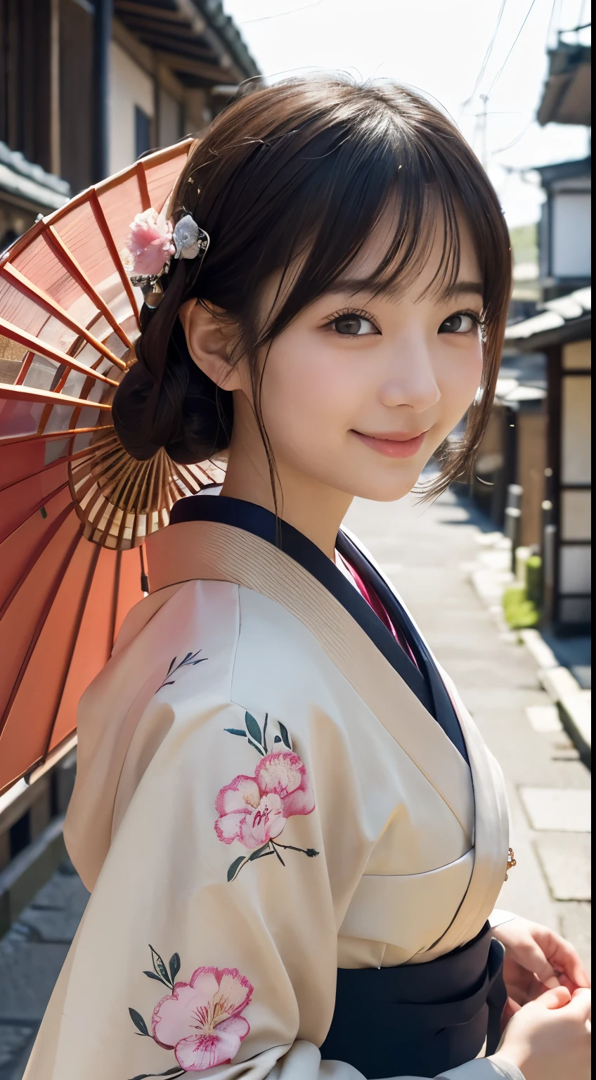 Professional Lighting,(Realistic:1.4), (Top image quality:1.0), (超High resolution:1.0), 8K, Raw photography, (masterpiece:0.2), (Dealing with the Children_v1:0.5)、(最高quality Detail:1.2)、Realistic、8K Ultra HD、High resolution、(1 Girl:1.2)、超detailedな、High quality textures、複雑なdetailed、detailed、Very detailed CG、High quality shadows、detailed 美しく繊細な顔、Beautiful details and a delicate eye、(Symmetrical eyes:1.2),Written boundary depth、Ray Tracing,1 Girl, Japanese Girls, (Natural smile:1.4),cute, thin, Portrait of a beautiful Japanese woman in a kimono, Standing elegantly on a street corner in Kyoto. Kimono with vibrant traditional patterns, Hair decorated with elegant and delicate hairpins, Gentle expression. (With the old streets of Kyoto in the background:1.4)、The soft light of a spring afternoon、Adding tranquility to the scene. Rendered in a Realistic style with great attention to detail, High resolutionの画像.Sky Porn, Magic Hour, (Realistic:1.3), finely, quality, (Tabletop:1.2), (Realistic:1.2), (最高quality), (複雑なdetailed), dramatic, Ray Tracing, photograph, +roller