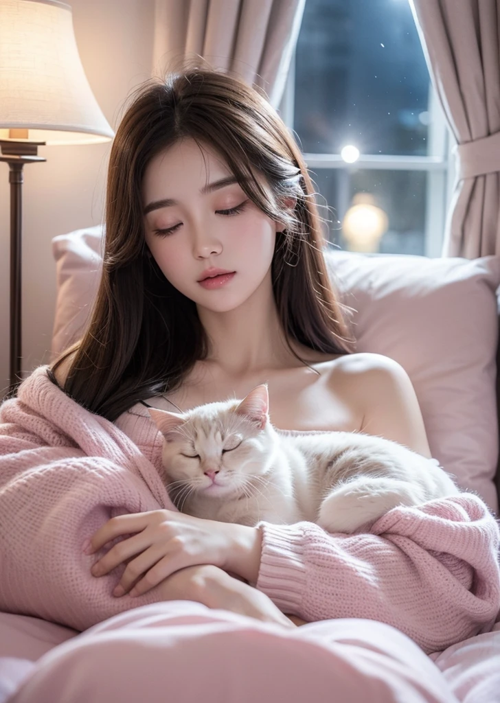 Diffuse lighting、 Highest quality, High resolution, unity 8k wallpaper、Supersaturation, Colorful, fairy tale, dream-like, Movie-like characters, oil, 3d, 8K resolution, Sequins, Sparkling, moonlight, Close-up portrait adorable,Too cute cat, Fine grain, Large, round, reflective eyes,Dreamland、Close your eyes、Sleeping、Cotton candy cushion、Sleeping on a marshmallow bed、pastel colour、pleasant to the touch、Gaze over your shoulder、幸せそうにSleeping、full moon、Mysterious Flower、Beautiful cat、cute cat、猫のInside the castle、Inside the castle、Detailed eyes, nose and mouth、Cat Castle、2k wallpaper、