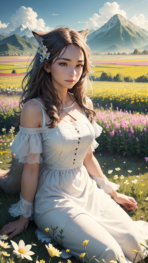 Wolf anthro sitting in feild of flowers, male, Dynamic Angle, Clouds and Mountains, (Flower Field: 1.4) in the foreground, White dress, Light tracing, (Floating Colorful Wind: 1) (Realistic: 1.4), Official Art, Unity 8k wallpaper, Ultra detailed, Beautiful and beautiful, Masterpiece, Best Quality, Glow Skin, Movie Lighting, Light Smile