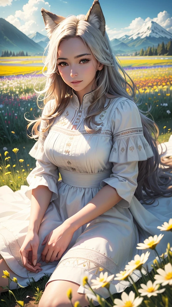 Wolf anthro sitting in feild of flowers, male, Dynamic Angle, Clouds and Mountains, (Flower Field: 1.4) in the foreground, White dress, Light tracing, (Floating Colorful Wind: 1) (Realistic: 1.4), Official Art, Unity 8k wallpaper, Ultra detailed, Beautiful and beautiful, Masterpiece, Best Quality, Glow Skin, Movie Lighting, Light Smile