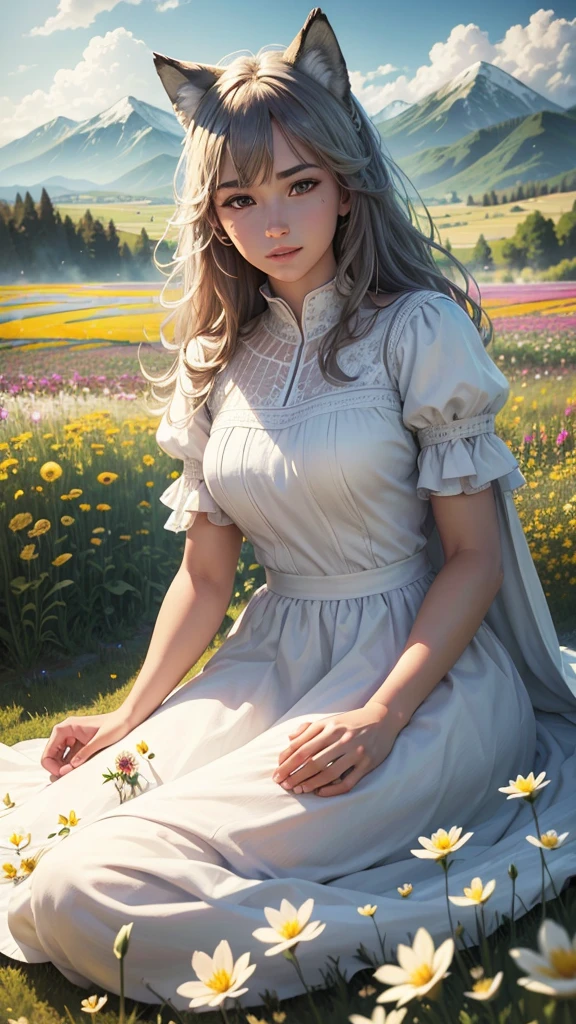 Wolf anthro sitting in feild of flowers, male, Dynamic Angle, Clouds and Mountains, (Flower Field: 1.4) in the foreground, White dress, Light tracing, (Floating Colorful Wind: 1) (Realistic: 1.4), Official Art, Unity 8k wallpaper, Ultra detailed, Beautiful and beautiful, Masterpiece, Best Quality, Glow Skin, Movie Lighting, Light Smile