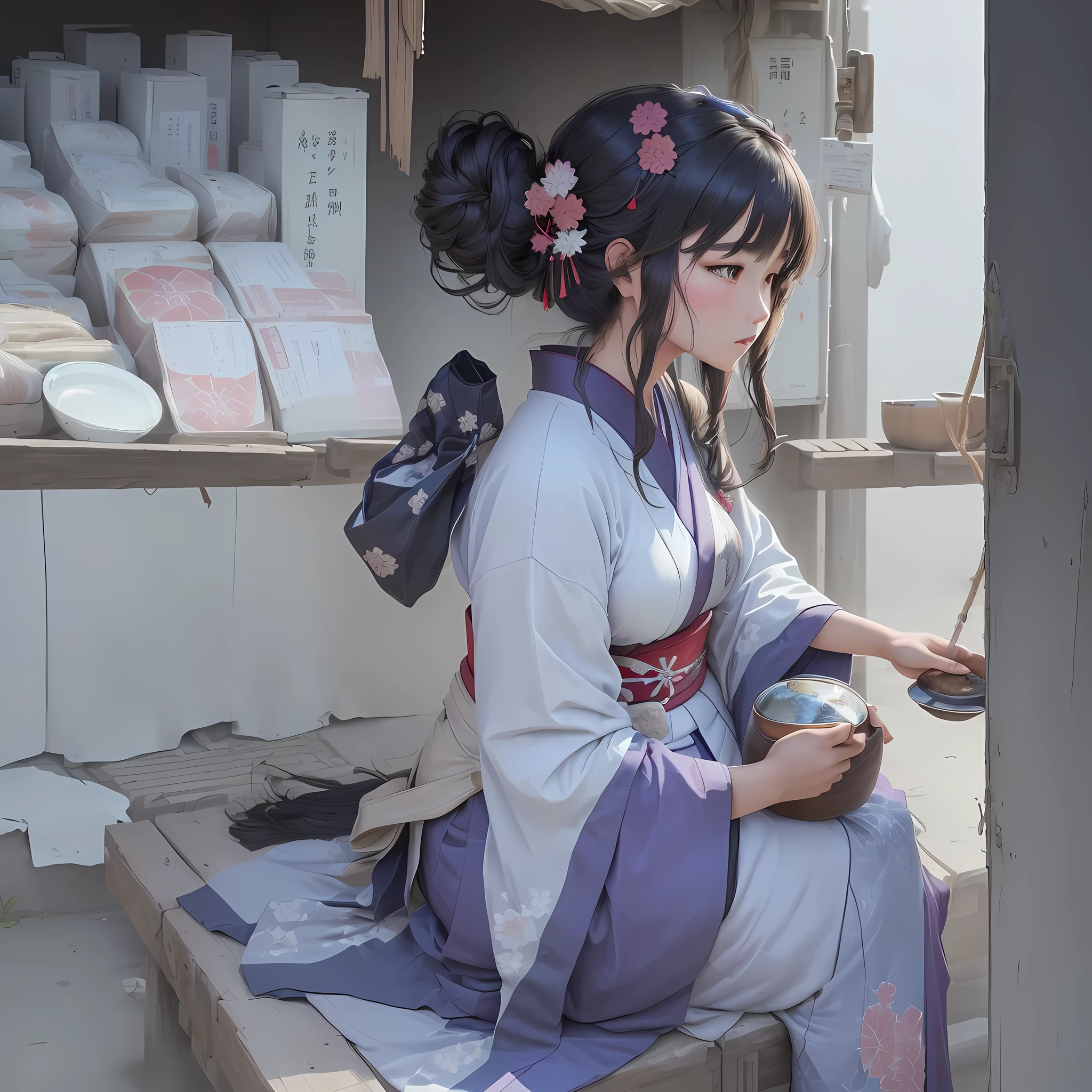 Anime-style image of a woman in a kimono sitting on a chair, Gwaiz, Zero-chan art, artwork in the style of Gwaiz, Painted in an anime artist's studio, Zero-chan, by Shimo, Beautiful anime art, Gwaiz on pixiv artstation, Jellyfish Shrine Maiden, Created by Anime Painter Studio, Onmyoji detailed art 1. Scenery and Cityscape in the Early Meiji Era
After the Meiji Restoration, Japan underwent rapid modernization and civilization. Consequently, many changes and reforms occurred. Below is a detailed explanation of the scenery, appearance of the poor, occupations, and cityscapes in the early Meiji period (1868 to the early 1880s).
2. Appearance of the Poor
Life for the impoverished and lower classes remained harsh. In particular, in urban areas, people migrated from rural areas or unemployed artisans gathered, intensifying competition in the labor market. Many of them struggled with poverty, often residing in slums or around temples.
3. Occupations
Meiji early Japan witnessed a diversification of occupations. Traditional agriculture and handicrafts were accompanied by the rise of modern industry and commerce. Particularly in urban areas, factory workers, shop clerks, and transporters increased, giving rise to new professions. However, many in these occupations endured harsh working conditions.
4. Influence of Civilization and Enlightenment
During the Meiji era, Western cultural influences spread rapidly. Changes in clothing, dietary habits, and the proliferation of Western-style architecture advanced, especially in urban areas. Conversely, this development posed a threat to traditional culture and lifestyles, resulting in societal upheaval and adaptation challenges.
5. Social Change and Policy Influence
While promoting modernization policies, the government also addressed poverty and social issues. Legislation for labor protection and charitable activities to aid the poor were implemented. Nevertheless, living conditions for the impoverished scarcely improved.
The early Meiji period marked a rapid transformation in Japan, with complex social landscapes involving challenges faced by the po