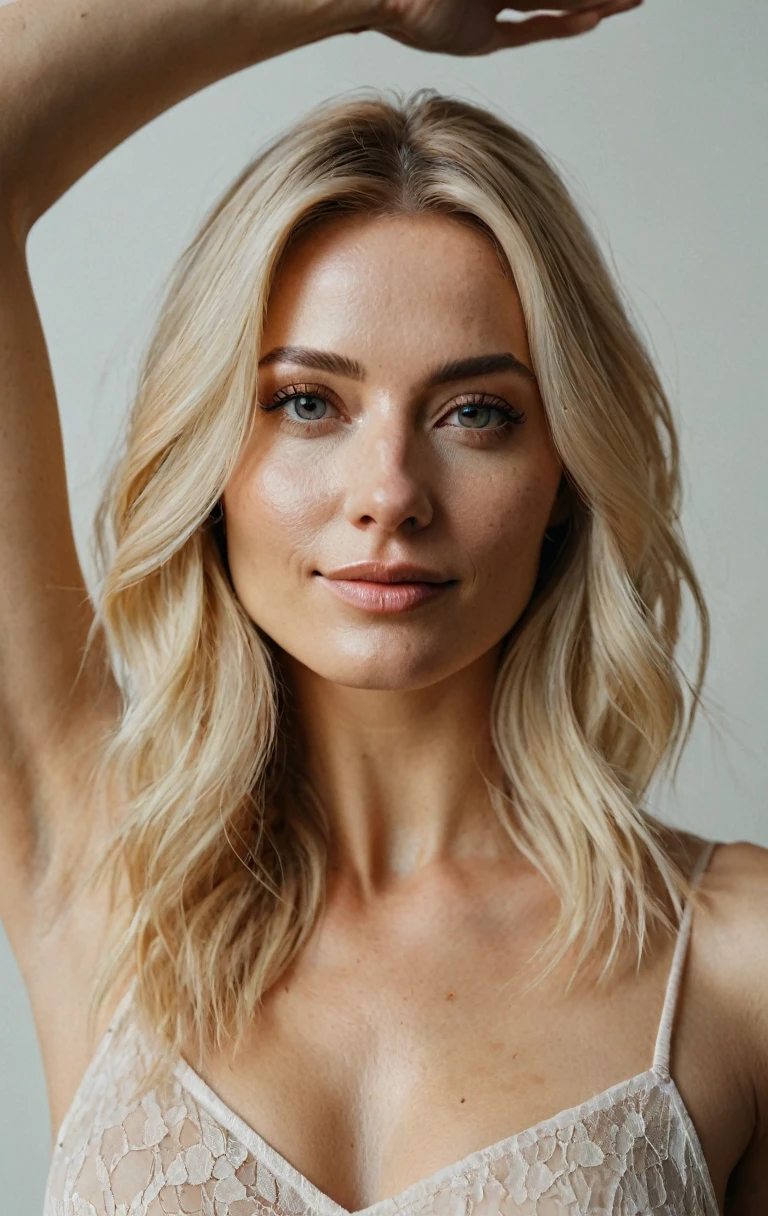 a beautiful picture of jennmcc, detailed skin texture,masterpiece, photorealistic, woman, 4k, light, RAW color photo,(fully in frame:1.1), (goosebumps:0.5),blonde, detailed face,subtle smile,wearing a , hand up, hand raised