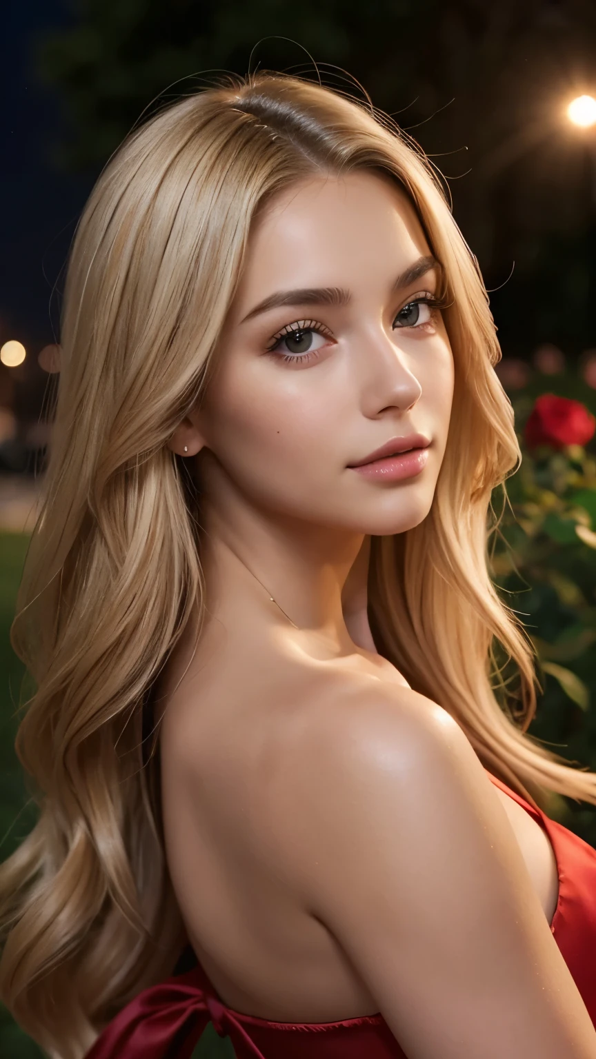 A 23-year-old blonde woman, ((pechos grandes)), ((hiperrealismo)) ,. blonde hair with light brown roots. cabello rubio, Hair with brown roots, cabello extra largo, cabello muy largo, really long hair, Beautiful, Front view, selfie, photo taken with iPhone, elegant red dress with escote, escotada, selfie in the rose garden at night, high quality, selfie iPhone, cleavage