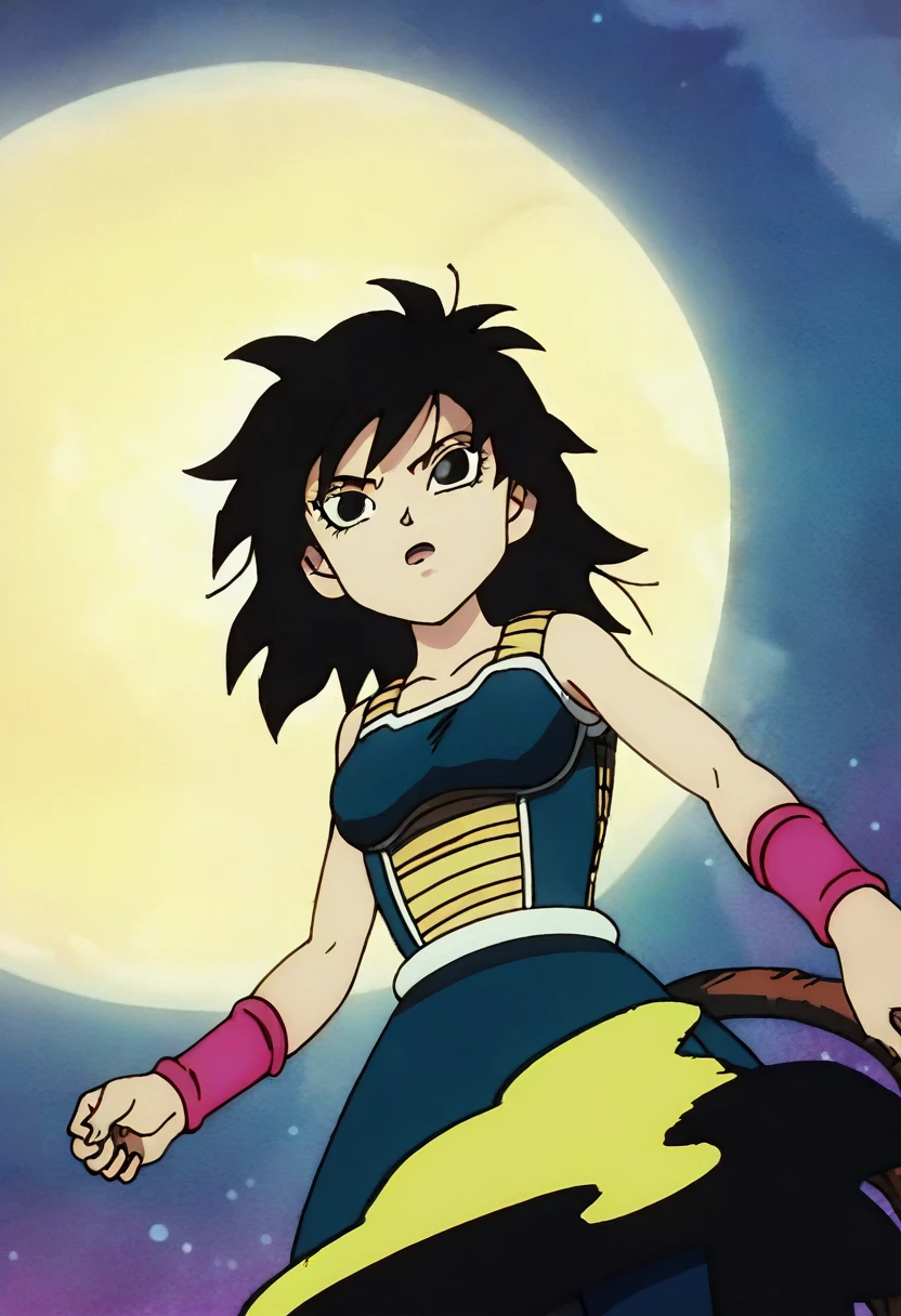 source_anime, score_9,score_8_up, score_7_up, ginedb, anime screencap,
1girl, shadow, solo, long hair, breasts, open mouth, star \(sky\), black hair, night, medium breasts, collarbone, upper body, cowboy shot, medium hair, :o, black eyes, floating hair, looking away, expressionless, from below, spiked hair, pink wristband, arm at side, serious, arms at sides, looking afar, monkey tail, saiyan armor, eyebrows, green saiyan armor, looking at another