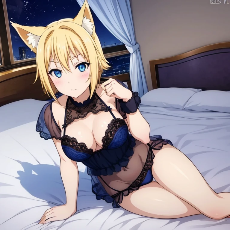Fox ears, fox tail, blonde hair, short hair, blue eyes, blush, large breasts, lingerie, lace lingerie, on bed, bedroom, snow, night, looking at viewer,