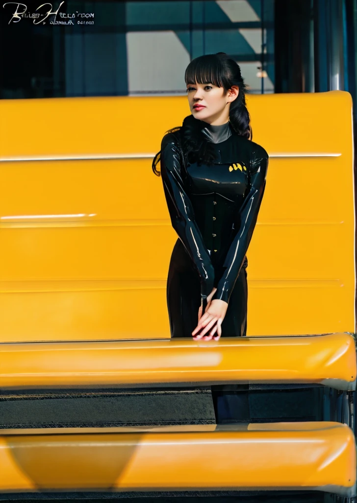 asian woman with curly hair in black and yellow voyunf uniform ,on a starship