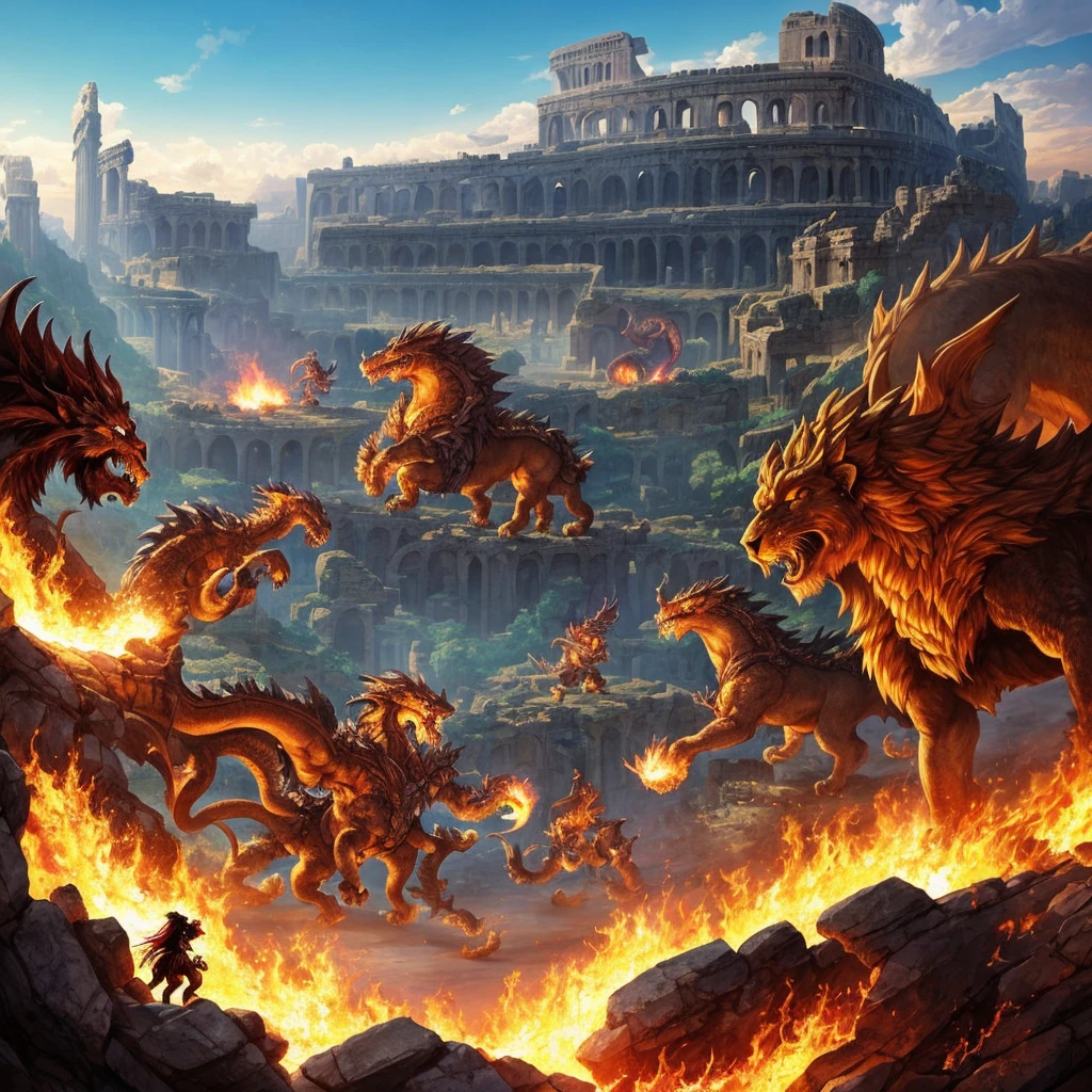 2 summoners are fighting in a large colloseum with 1 monster each, one Summoner uses a dragon that is half the height of the Colosseum while the other Summoner uses a fire lion that is a quarter of the height of the colloseum with fangasy anime style and an epic viewpoint where the difference between the lion and the dragon is quite big
