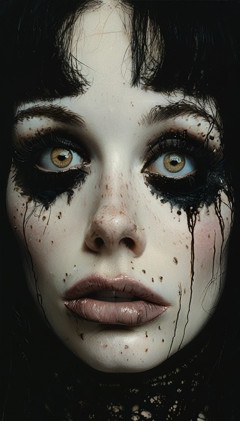 close up of a scary pale face with huge voluptuous lips, freckles, and hollow eyes