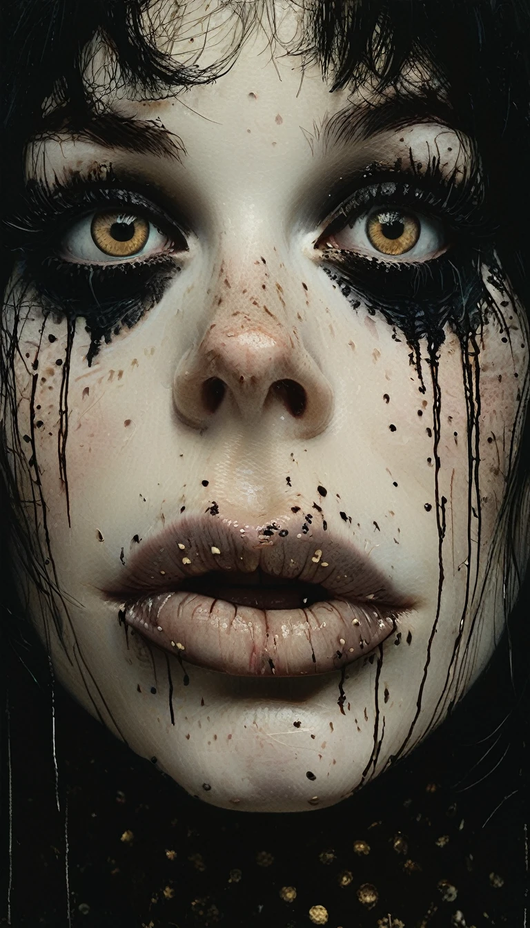 close up of a scary pale face with huge voluptuous lips, freckles, and hollow eyes