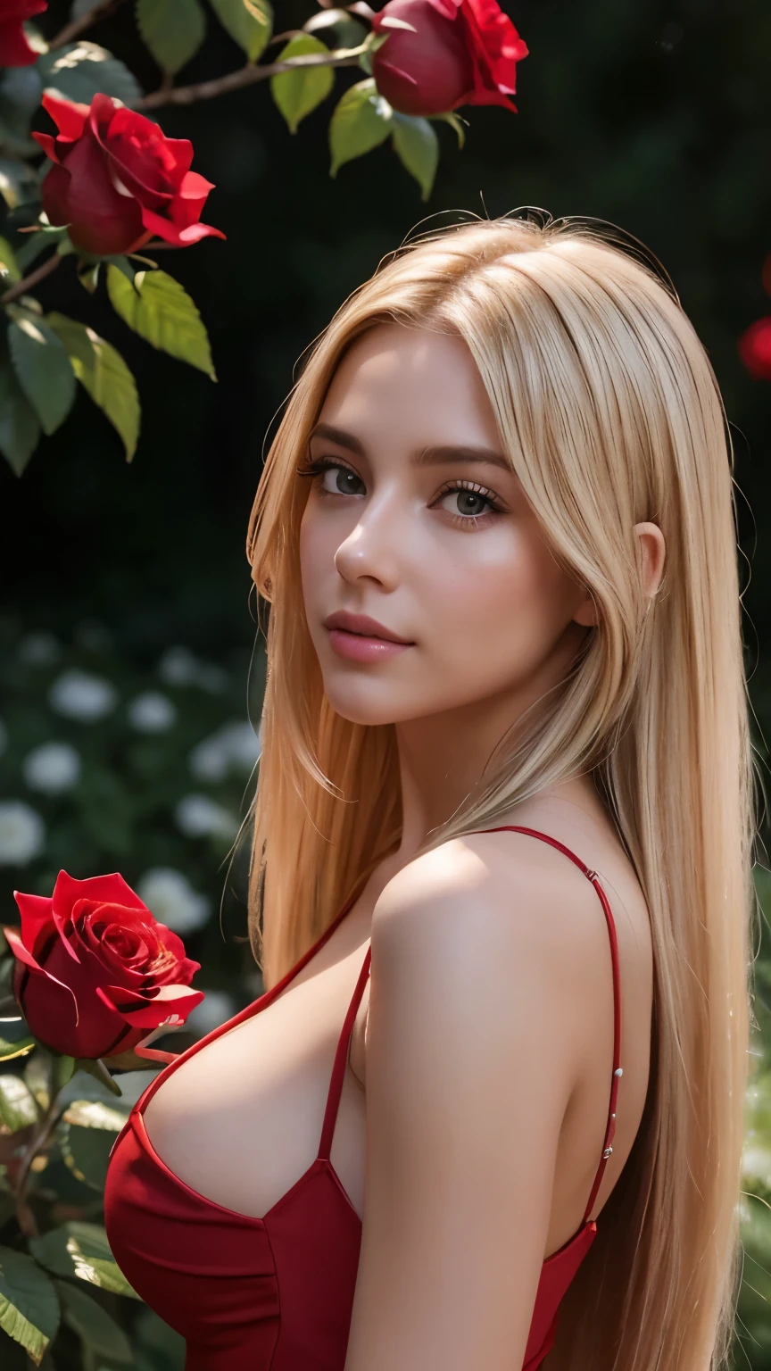 A 23-year-old blonde woman, ((pechos grandes)), ((hiperrealismo)) ,. blonde hair with light brown roots. cabello rubio, Hair with brown roots, cabello extra largo, cabello muy largo, really long hair, Beautiful, Front view, selfie, photo taken with iPhone, elegant red dress with escote, escotada, selfie in the rose garden at night, high quality, selfie iPhone, cleavage