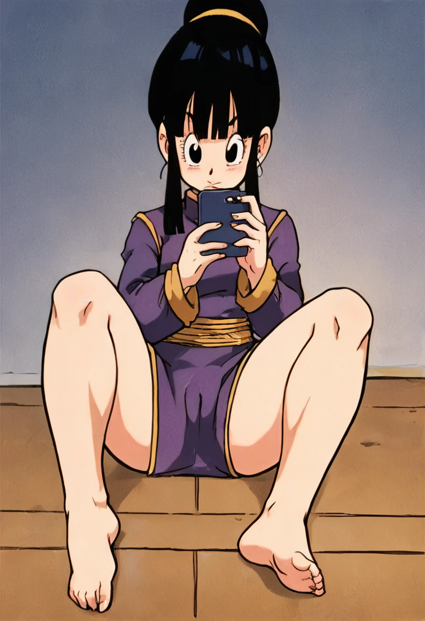 chi-chi, selfie, pussy, smartphone, legs apart, legs up, bangs, black hair, sidelocks, hair bun, black eyes, single hair, chinese clothes, on the floor, front view