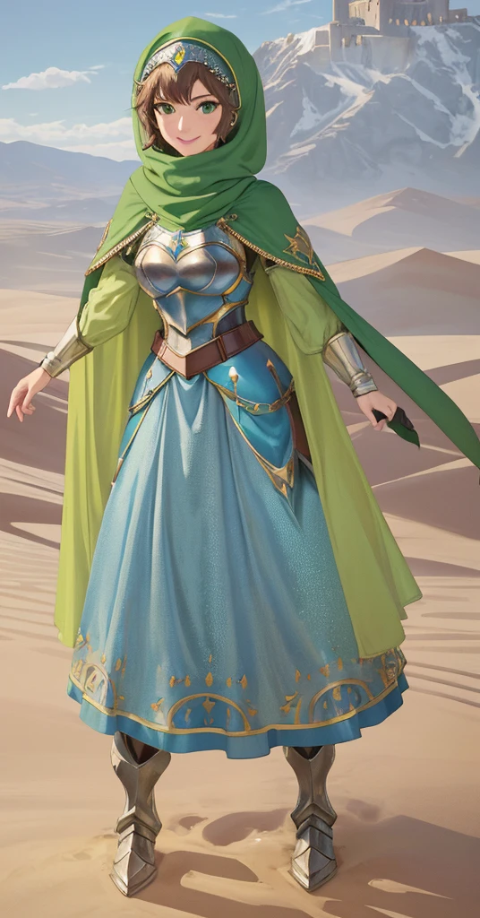 masterpiece, best quality:1.2), 1girl, smile, looking at viewer, green eyes, short brown hair, princess, armor, blue hijab headscarf, pauldrons, armored dress, green cloak cape, wearing puffy blue ballgown skirt, armored boots, fingerless gloves, standing in front of desert castle