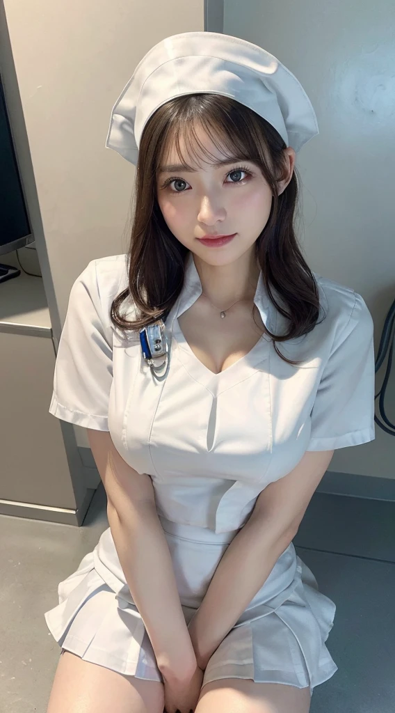Innocent 14-year-old girl,huge breasts:1.2,cleavage of breasts:1.2、(panty shot:1.3) (white nurse uniform:1.5),( White short skirt:1.5),(White nurse hat:1.5),(white nurse pumps:1.5), (squatting:1.3)、Angle:1.2、(hands down:1.5)、The background is a hospital room.、laugh,shortcut、raw photo, (8K、top quality、masterpiece:1.2)、(intricate details:1.4)、(realistic:1.4)、octane rendering、Highly detailed representation of complex 3D renderings, studio soft light, rim light, vivid details, super detailing, realistic skin texture, detail face, Beautiful eye for detail, Highly detailed CG Unity 16k wallpaper, assembly, (detailed background:1.2), glowing skin, whole body,Squat down and bend your knees.