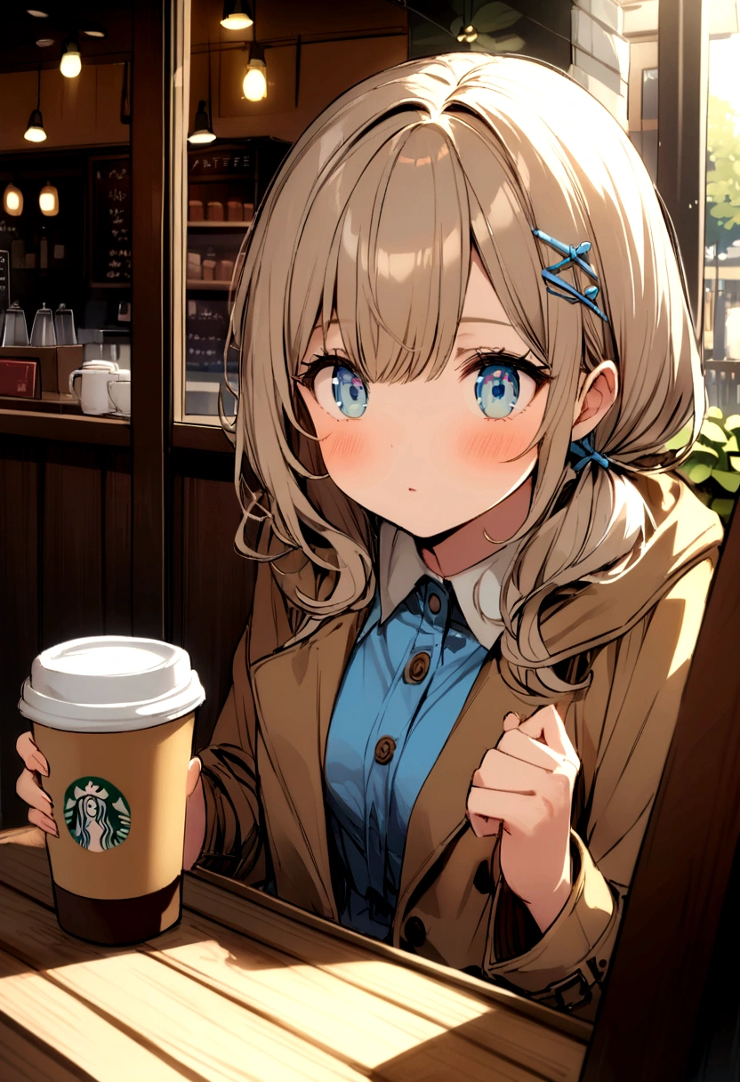 Light brown hair、long、Grating、Light blue hairpin on the right、Eyes are yellow、Light blue clothes、Brown coat、Cafe