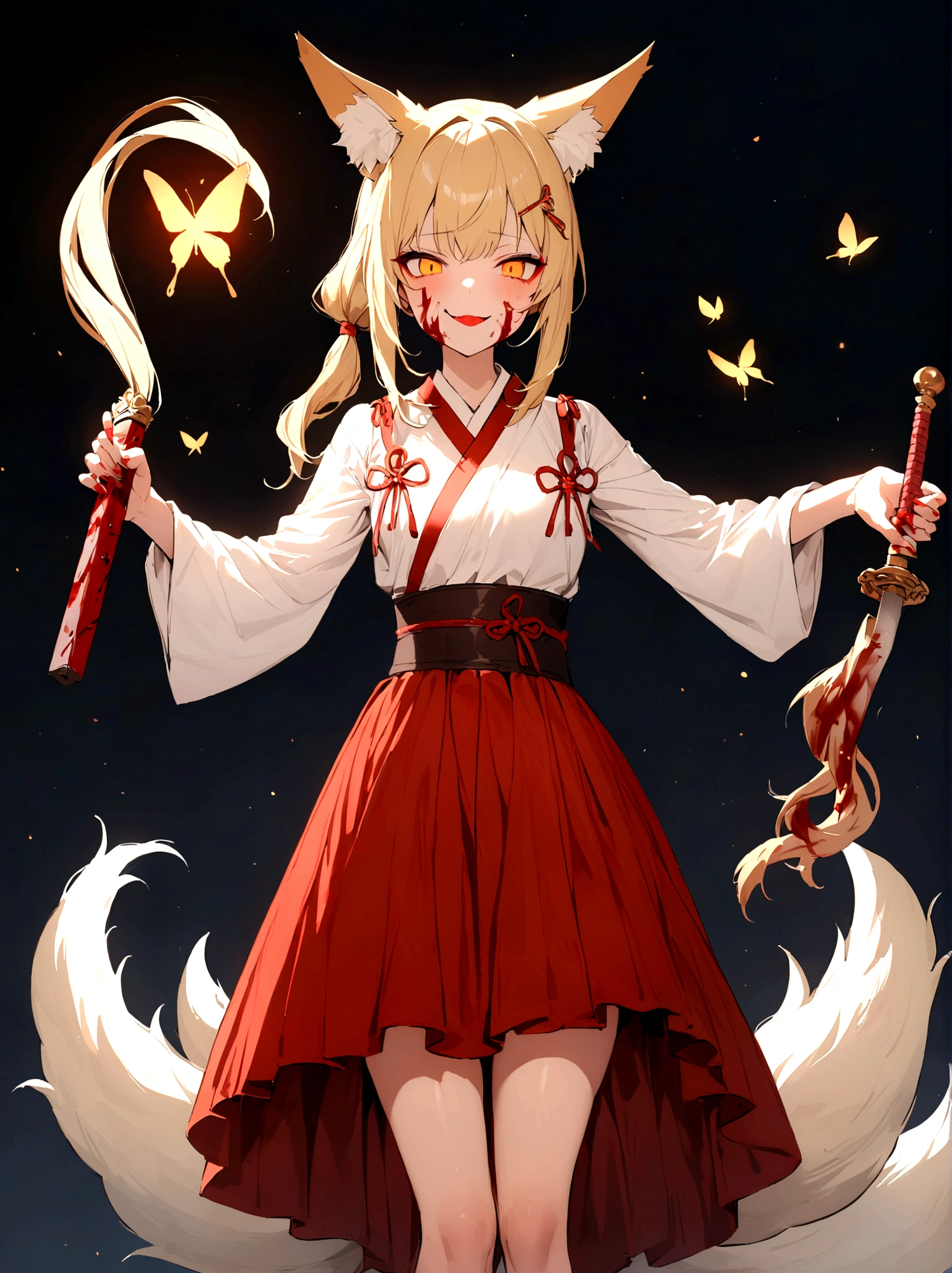 (masterpiece, best quality) junior,detailed, (beautiful,small breasts), blonde,long hair, side ponytail(tied to the left),Hairpin decoration with gold butterfly, elegant, (fox ears),nine tailed fox tail, red eyeshadow, golden eyes, femur，dark night sky,girl,yandere eyes,bloody face,bloody kimono(White Top),Red skirt,Maiden,Bloody(blood on fullbody),holding a sword hilt,bloody ninjatou,evil smile