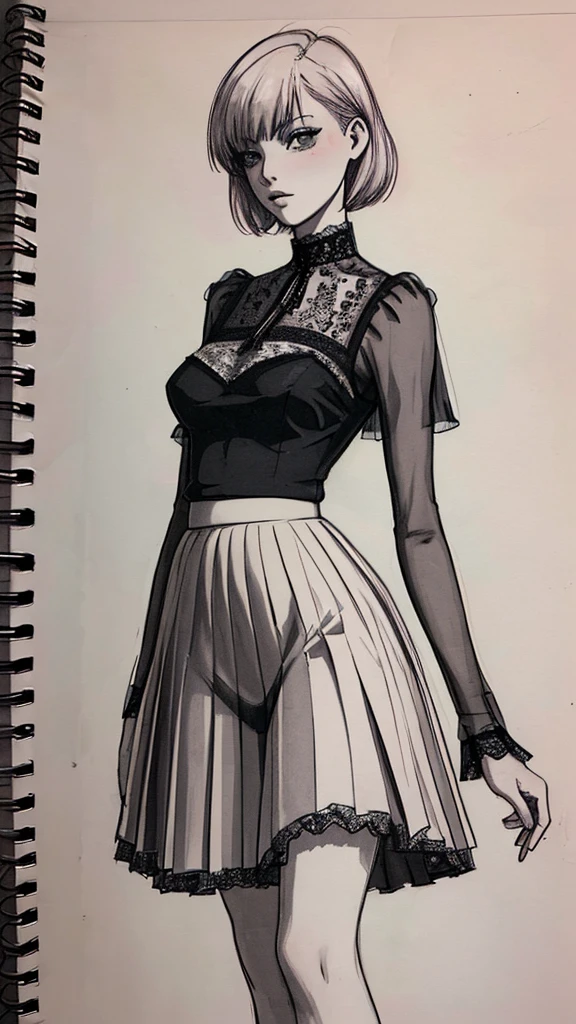 Croquis desing, Slim figure, Wearing a vivid pleated skirt and a sheer lace blouse, 