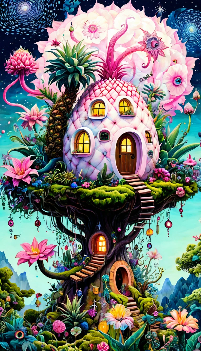 Pink hollow pineapple house on the tree top,The hut glows,(((plant,flower,Tentacles,Eye、Starry Sky,Stitching together an abstract painting))),Describing the inner world of autistic people,(((Sense of space,White Space))),interesting,Innocence,Psychedelic Art,Pink theme