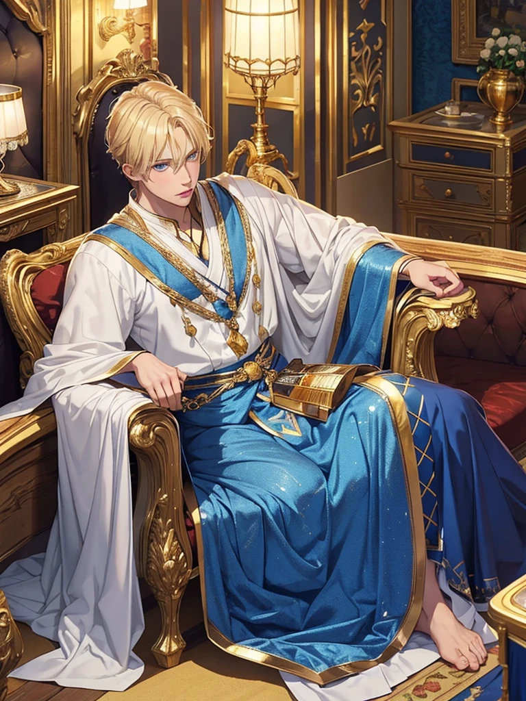 A light-skinned blond man, blue eyes, tender and kind face, is a prince heir to the throne of a kingdom, He lives in the luxurious rooms of an important castle, He is thin but with beautiful muscles, He wears beautiful clothes worthy of a prince and is showing his sexy torso, wears a gold diadem, He is sitting on the edge of his bed while eating fruit from a silver tray.. The atmosphere of the scene is bright.