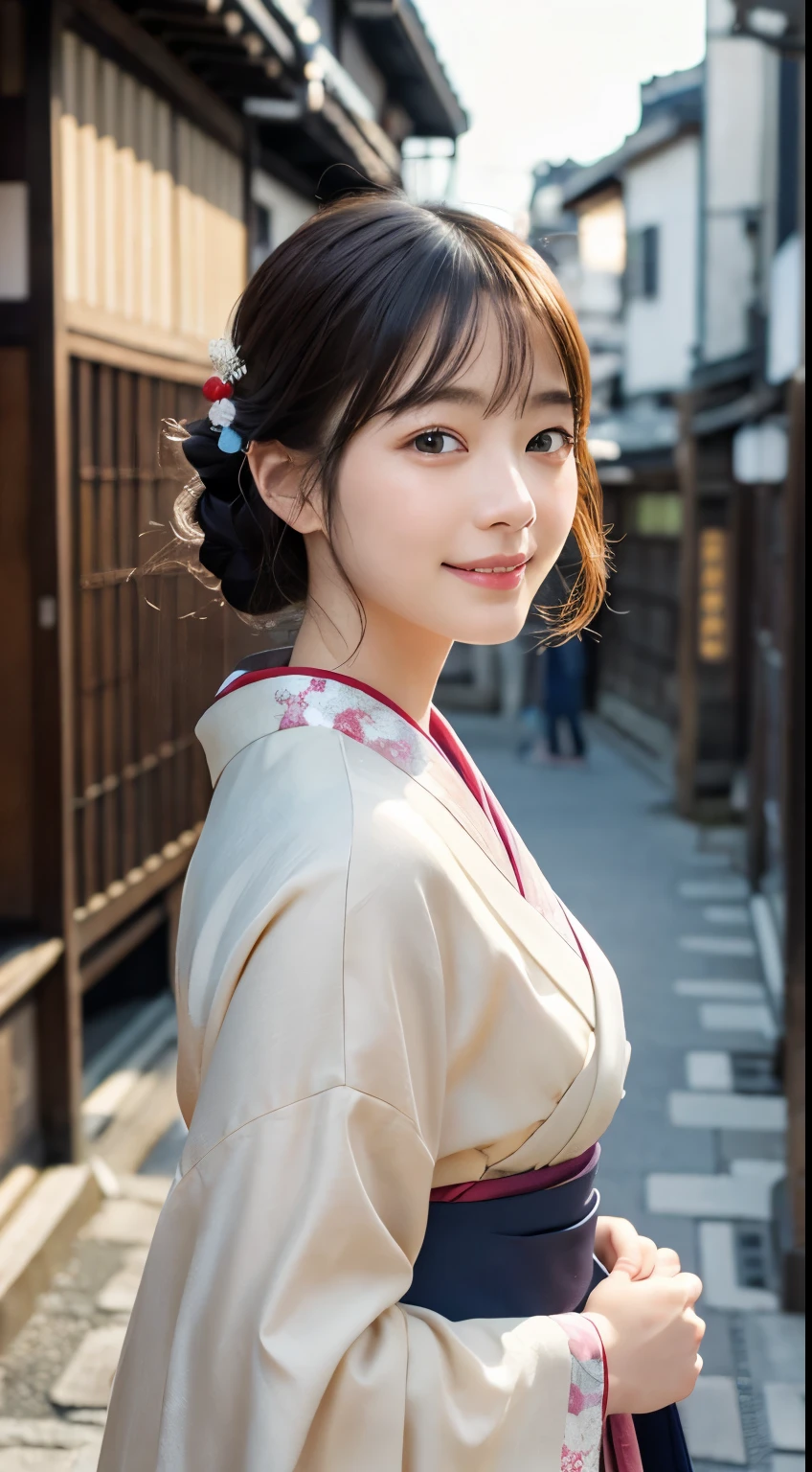 Professional Lighting,(Realistic:1.4), (Top image quality:1.0), (超High resolution:1.0), 8K, Raw photography, (masterpiece:0.2), (Dealing with the Children_v1:0.5)、(最高quality Detail:1.2)、Realistic、8K Ultra HD、High resolution、(1 Girl:1.2)、超detailedな、High quality textures、複雑なdetailed、detailed、Very detailed CG、High quality shadows、detailed 美しく繊細な顔、Beautiful details and a delicate eye、(Symmetrical eyes:1.2),Written boundary depth、Ray Tracing,1 Girl, Japanese Girls, (Natural smile:1.4),cute, thin, Portrait of a beautiful Japanese woman in a kimono, Standing elegantly on a street corner in Kyoto. Kimono with vibrant traditional patterns, Hair decorated with elegant and delicate hairpins, Gentle expression. (With the old streets of Kyoto in the background:1.4)、The soft light of a spring afternoon、Adding tranquility to the scene. Rendered in a Realistic style with great attention to detail, High resolutionの画像.Sky Porn, Magic Hour, (Realistic:1.3), finely, quality, (Tabletop:1.2), (Realistic:1.2), (最高quality), (複雑なdetailed), dramatic, Ray Tracing, photograph, +roller