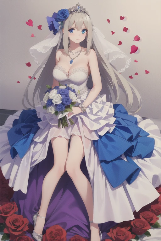 ((Best quality))),((Ultra-detailed)),((illustration)),((Disheveled hair)),((frilld)),(1 girl),(Solo),
1girl,blue bow,blue eyes,blue flower,blue ribbon,blue rose,bouquet,breasts,dress,flower,gradient,gradient background,grey background,jewelry,long hair,necklace,petals,rose,solo,veil,wedding dress,white dress,lexington \(warship girls r\),long dress,full body,Flaxen hair,