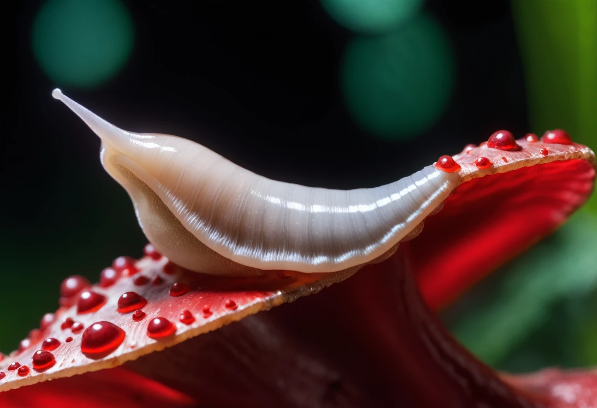 hyperrealistic extreme closeup macro photography, slimy translucent (slug crawling on top) of red and white mushroom, cinematic lighting, insane details, 64 megapixel DSLR