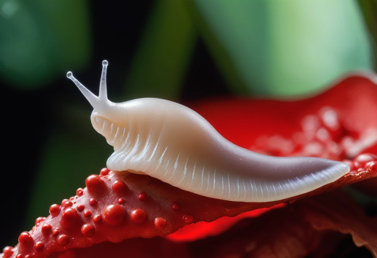 hyperrealistic extreme closeup macro photography, slimy translucent (slug crawling on top) of red and white mushroom, cinematic lighting, insane details, 64 megapixel DSLR