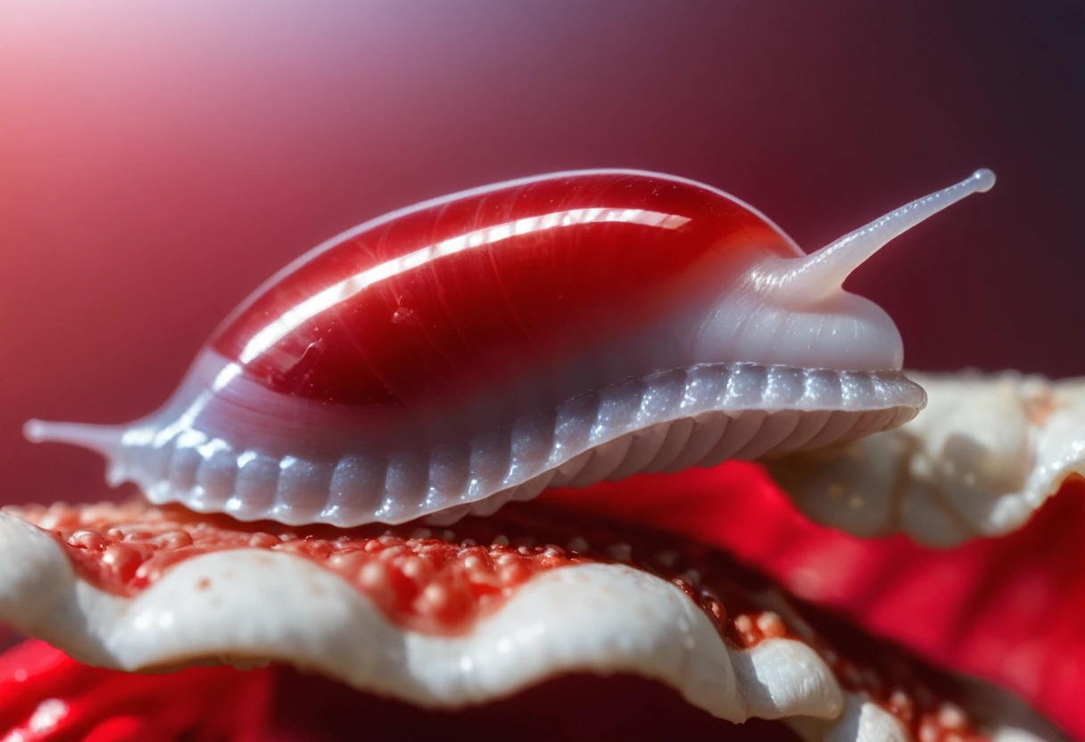 hyperrealistic extreme closeup macro photography, slimy translucent (slug crawling on top) of red and white mushroom, cinematic lighting, insane details, 64 megapixel DSLR