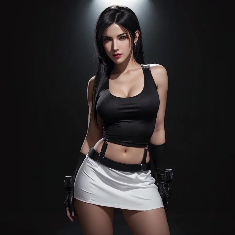 Arav woman wearing black top and white skirt poses for photo, Tifa lockhart, Tifa, glamorous Tifa lockheart, Tifa lockheart, seductive Tifa lockhart portrait, Tifa lockhart portrait, Tifa lockhart with white hair, portrait of Tifa lockhart, Laura Crawford, Tomb Raider Beautiful, Metal Gear Solid Silence, 4K ]