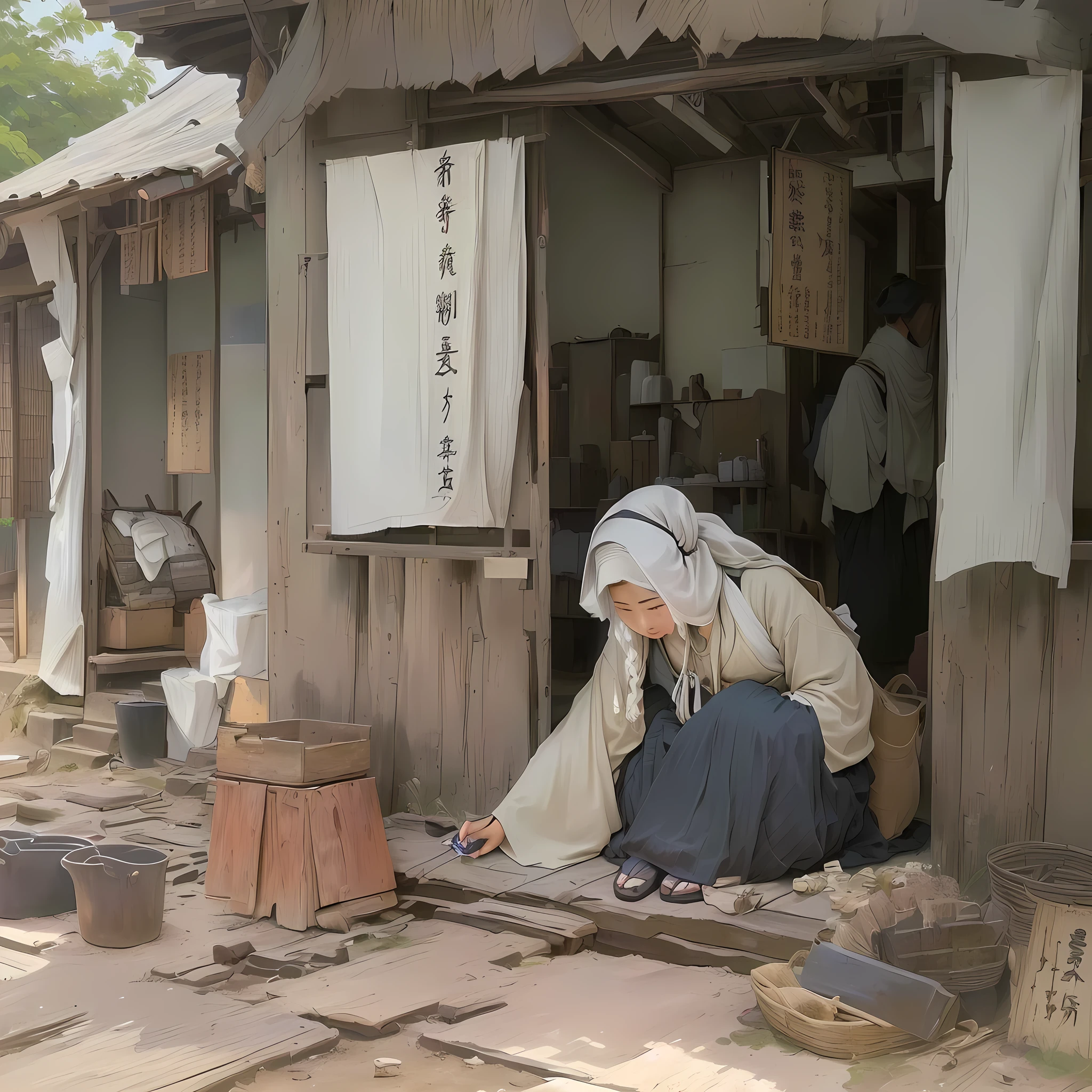 There is a woman sitting on the floor in front of the hut., Beautiful artwork illustration, Gwaiz on pixiv artstation, Painted in an anime artist's studio, artwork in the style of Gwaiz, Gwaiz on artstation pixiv, Gwaiz, Traditional Japanese concept art, Beautiful illustrations, Anime Scene, Created by Anime Painter Studio 1. Scenery and Cityscape in the Early Meiji Era
After the Meiji Restoration, Japan underwent rapid modernization and civilization. Consequently, many changes and reforms occurred. Below is a detailed explanation of the scenery, appearance of the poor, occupations, and cityscapes in the early Meiji period (1868 to the early 1880s).
2. Appearance of the Poor
Life for the impoverished and lower classes remained harsh. In particular, in urban areas, people migrated from rural areas or unemployed artisans gathered, intensifying competition in the labor market. Many of them struggled with poverty, often residing in slums or around temples.
3. Occupations
Meiji early Japan witnessed a diversification of occupations. Traditional agriculture and handicrafts were accompanied by the rise of modern industry and commerce. Particularly in urban areas, factory workers, shop clerks, and transporters increased, giving rise to new professions. However, many in these occupations endured harsh working conditions.
4. Influence of Civilization and Enlightenment
During the Meiji era, Western cultural influences spread rapidly. Changes in clothing, dietary habits, and the proliferation of Western-style architecture advanced, especially in urban areas. Conversely, this development posed a threat to traditional culture and lifestyles, resulting in societal upheaval and adaptation challenges.
5. Social Change and Policy Influence
While promoting modernization policies, the government also addressed poverty and social issues. Legislation for labor protection and charitable activities to aid the poor were implemented. Nevertheless, living conditions for the impoverished scarcely improved.
The early Meiji period marked a rapid transformation in Japan, with complex social landscapes involving challenges