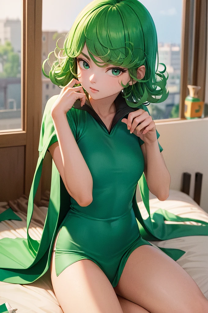 (Masterpiece, Best Quality:1.2), solo, 1girl, tatsumaki,(slickback hair),super long hair,unamused, closed mouth, looking a viewer, hand on our face, sitting, She wore Dunhuang flying clothes,big thighs