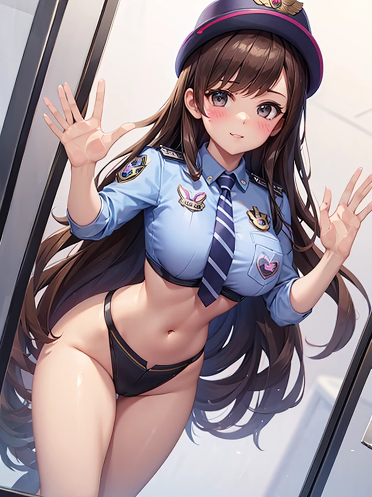 officer dva, solo girl, medium breast, wide hips, thighs, against glass